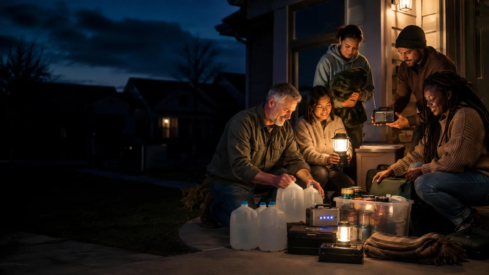 Neighbours calmly organising blackout supplies together