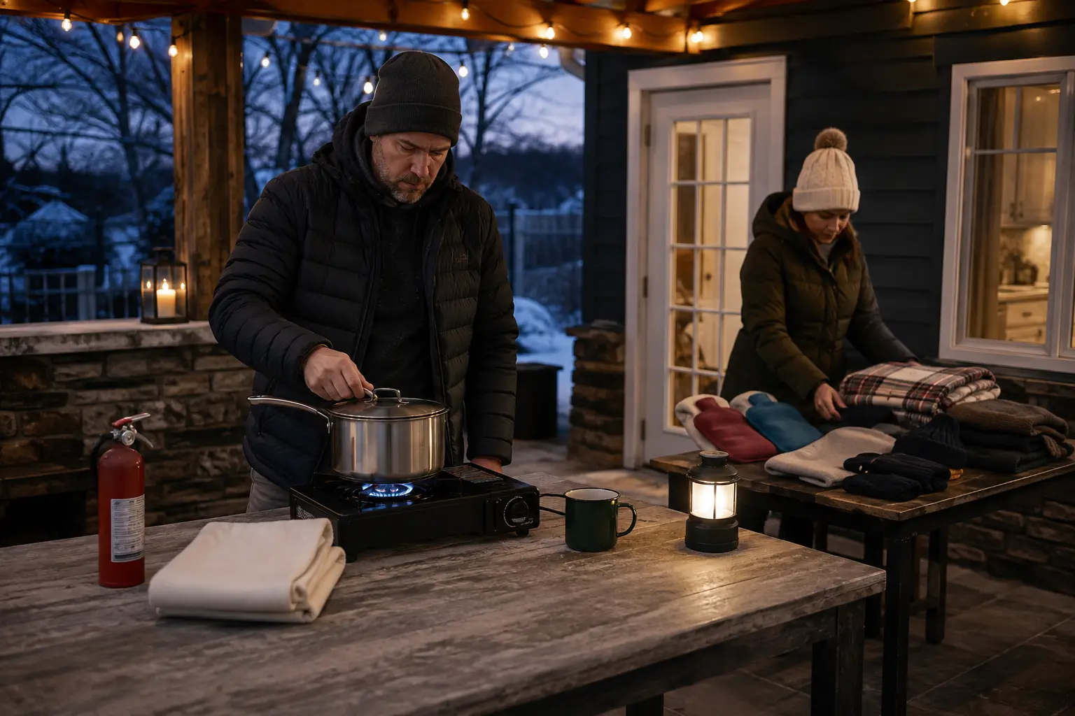 Safe outdoor cooking with warm clothing and extinguisher nearby